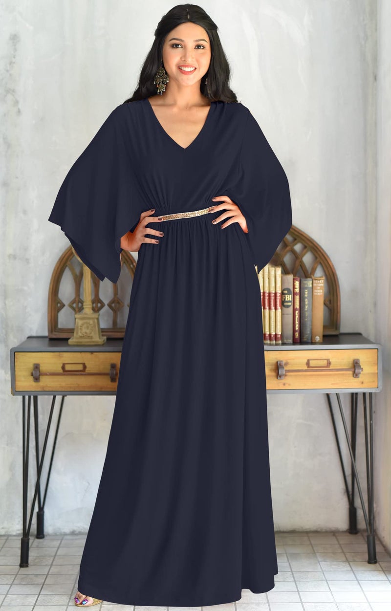 KOH KOH Womens Long V-Neck Half Batwing Dolman Sleeve Evening Cocktail Flowy Empire Waist Bridesmaid Formal Kaftan Wedding Guest Gown Gowns Maxi Dress Dresses, Dark Navy Blue M 8-10 - Image 4